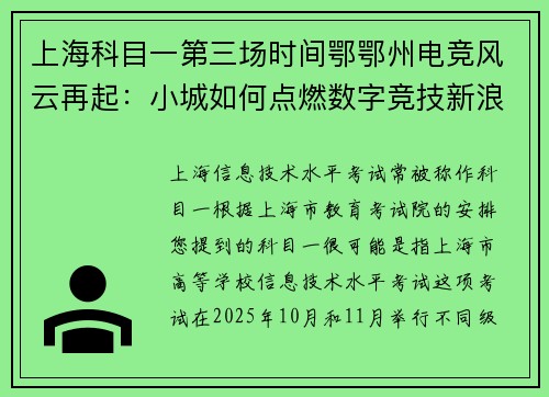 上海科目一第三场时间鄂鄂州电竞风云再起：小城如何点燃数字竞技新浪潮？